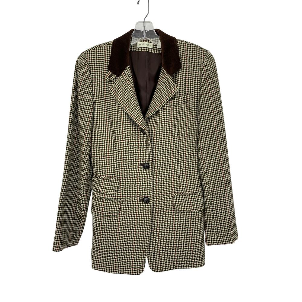 Vintage Ann Taylor Blazer Jacket Womens Size 2 Houndstooth 100% Wool Tan Multi